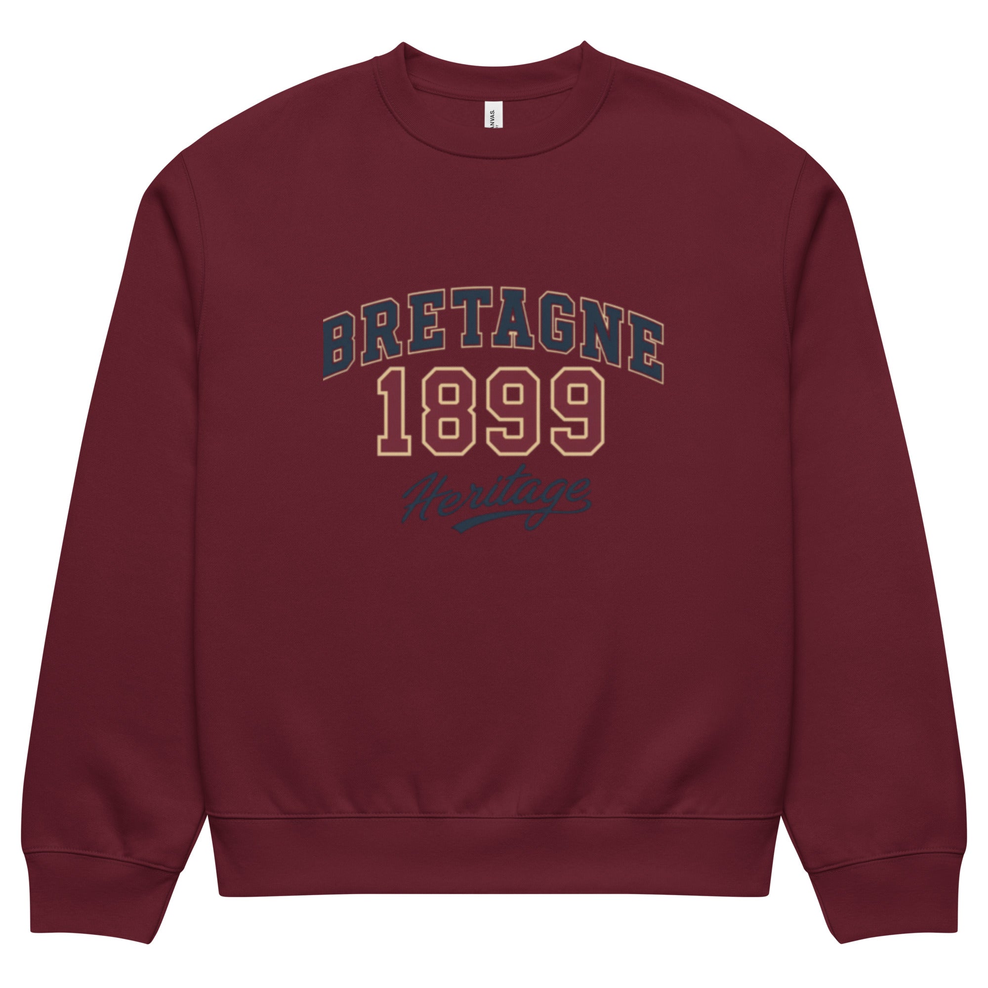 unisex sweatshirt front view with “Bretagne 1899 Heritage” vintage typography graphic