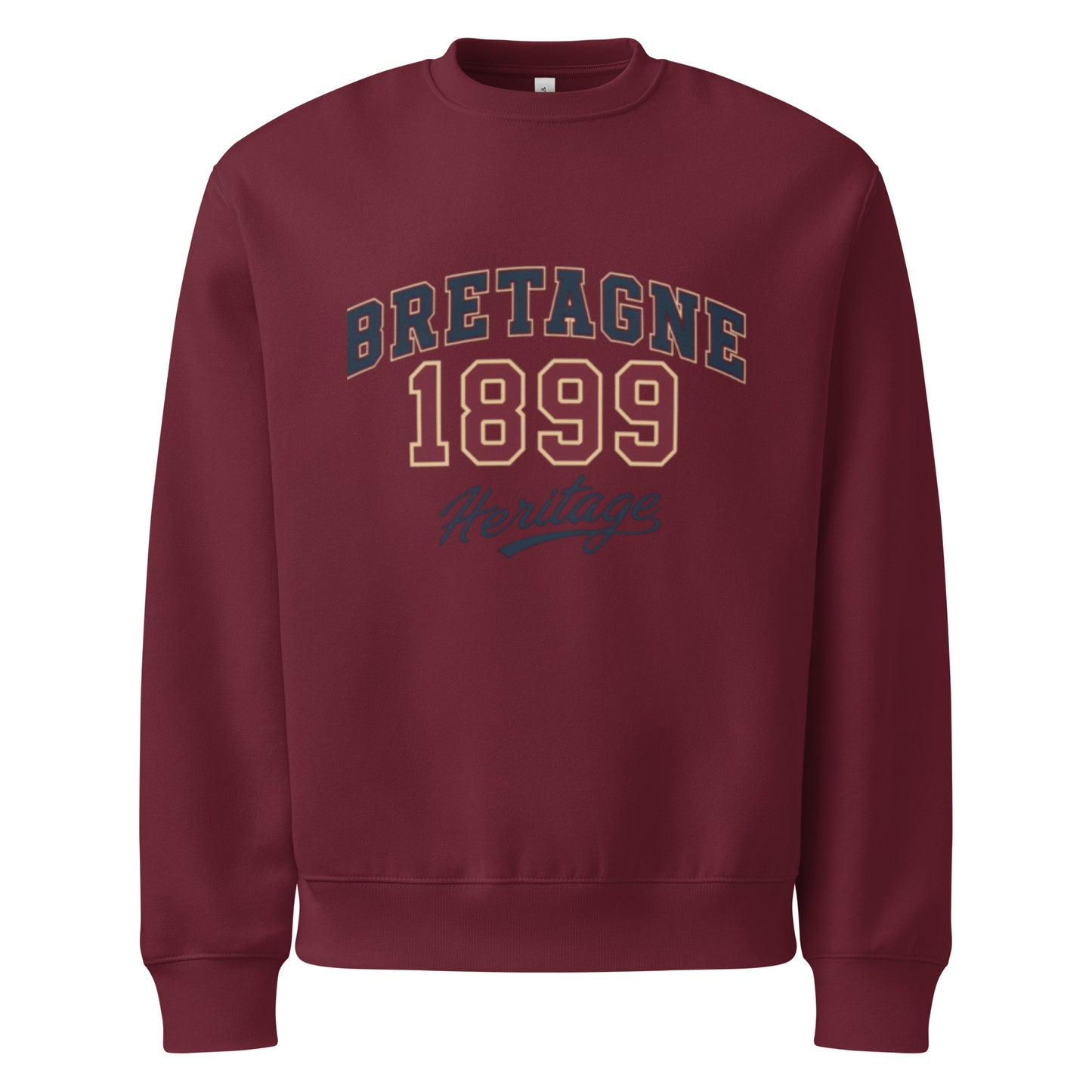 unisex sweatshirt front view with “Bretagne 1899 Heritage” vintage typography graphic