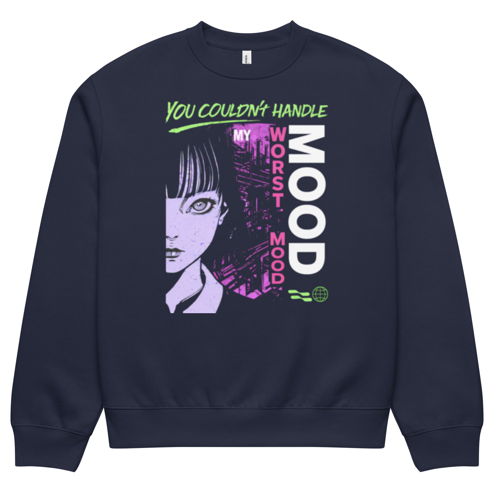 Oversized navy streetwear crewneck sweatshirt with anime girl portrait and worst mood neon typography graphic in purple and green, front view