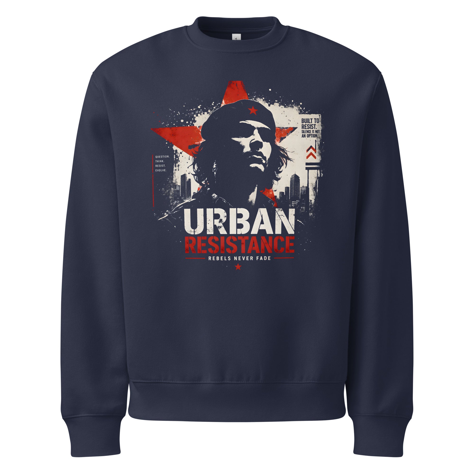 navy oversized graphic sweatshirt urban resistance front view modern streetwear outfit