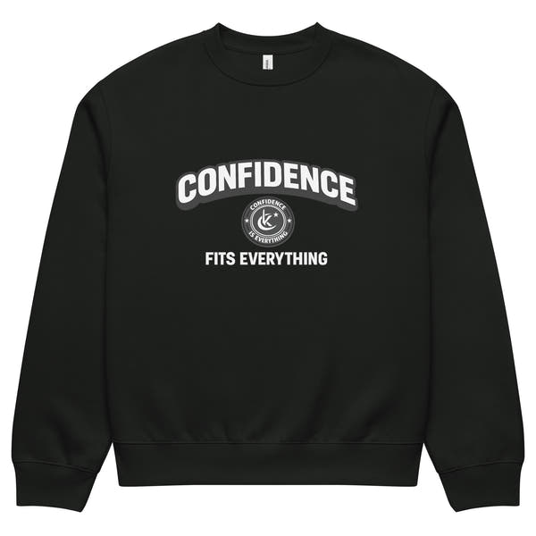 Vintage black unisex sweatshirt front view with confidence fits everything typography print
