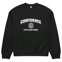 Vintage black unisex sweatshirt front view with confidence fits everything typography print
