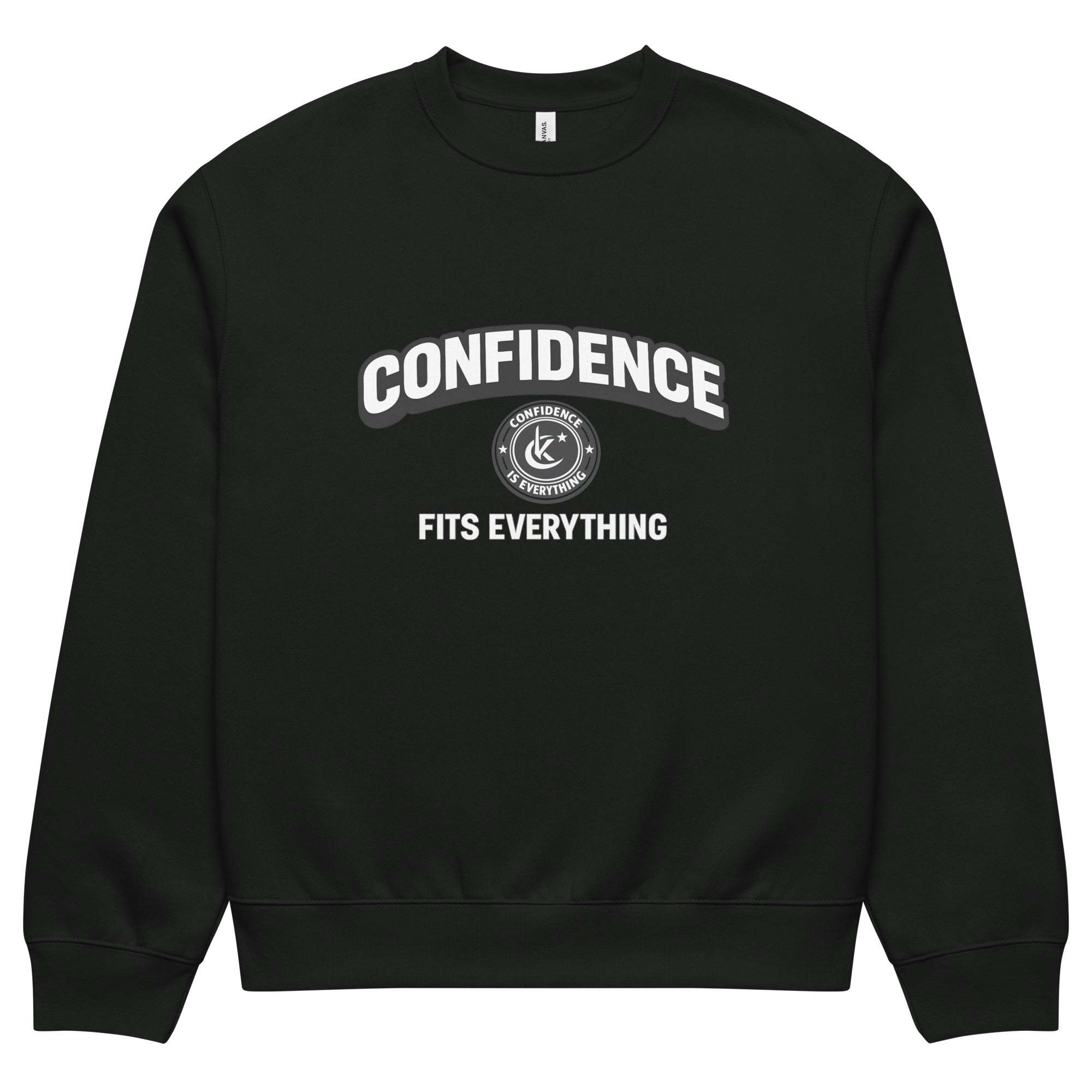 Vintage black unisex sweatshirt front view with confidence fits everything typography print
