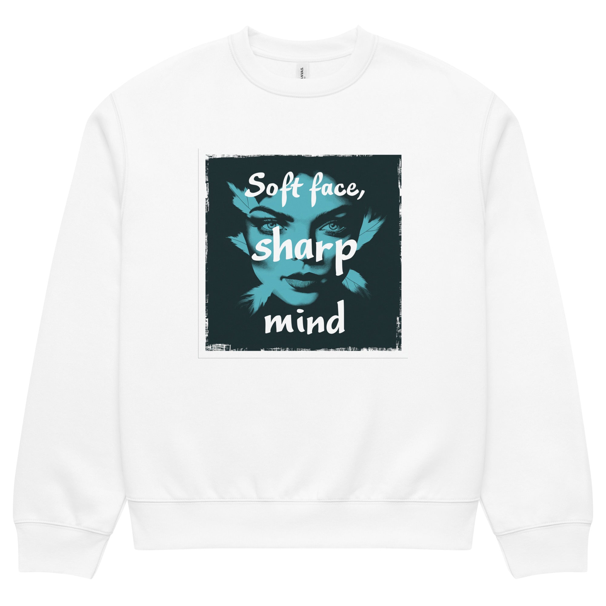Oversized white streetwear crewneck sweatshirt with teal portrait graphic and soft face sharp mind typography design, front view