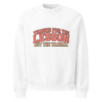 White unisex sweatshirt front view with “Thanks for the Lesson, Not the Trauma” motivational typography print, modern streetwear pullover