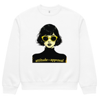 White unisex sweatshirt with illustrated female face and “attitude over approval” text design