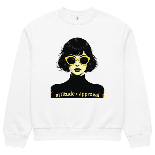 White unisex sweatshirt with illustrated female face and “attitude over approval” text design