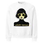 White unisex sweatshirt with illustrated female face and “attitude over approval” text design