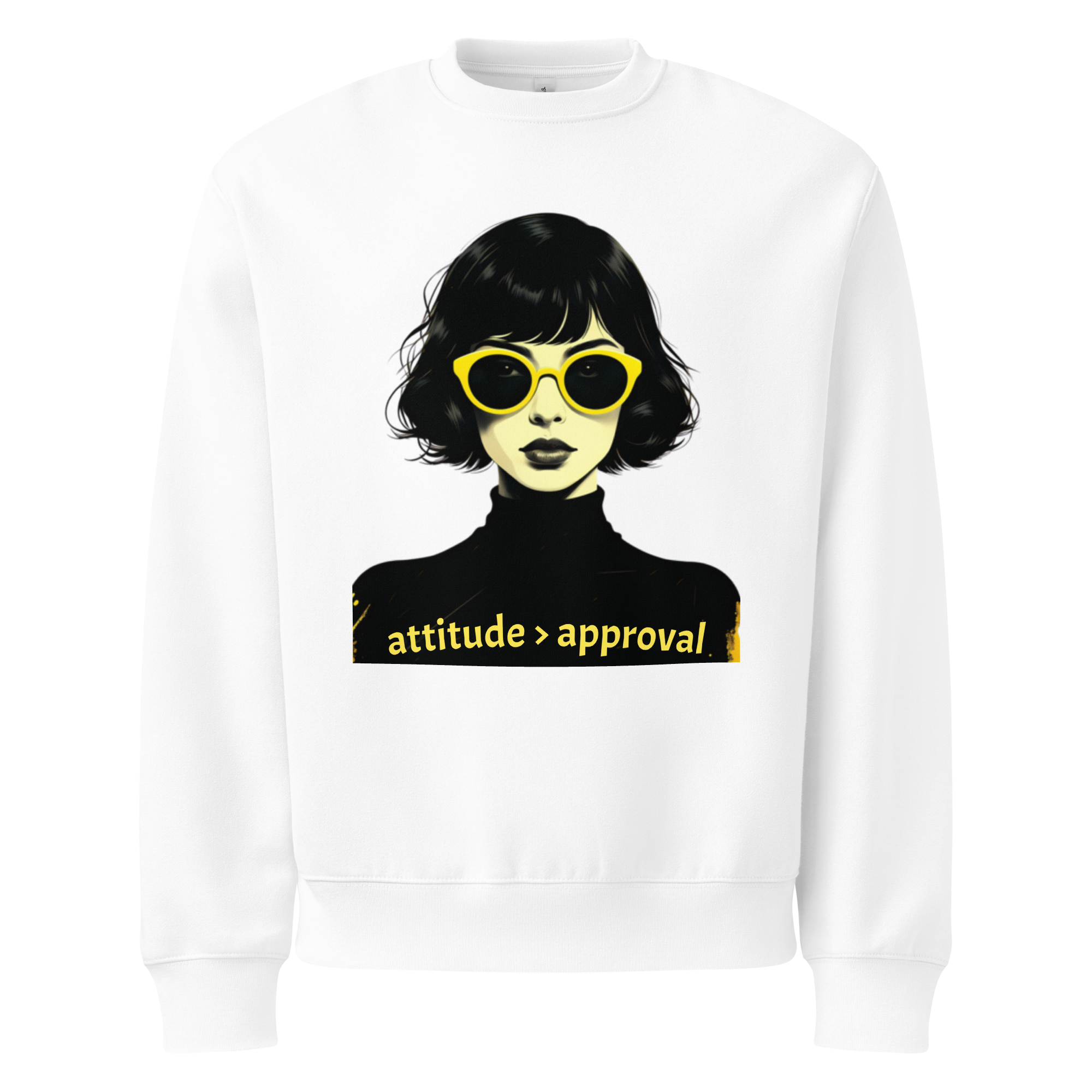 White unisex sweatshirt with illustrated female face and “attitude over approval” text design