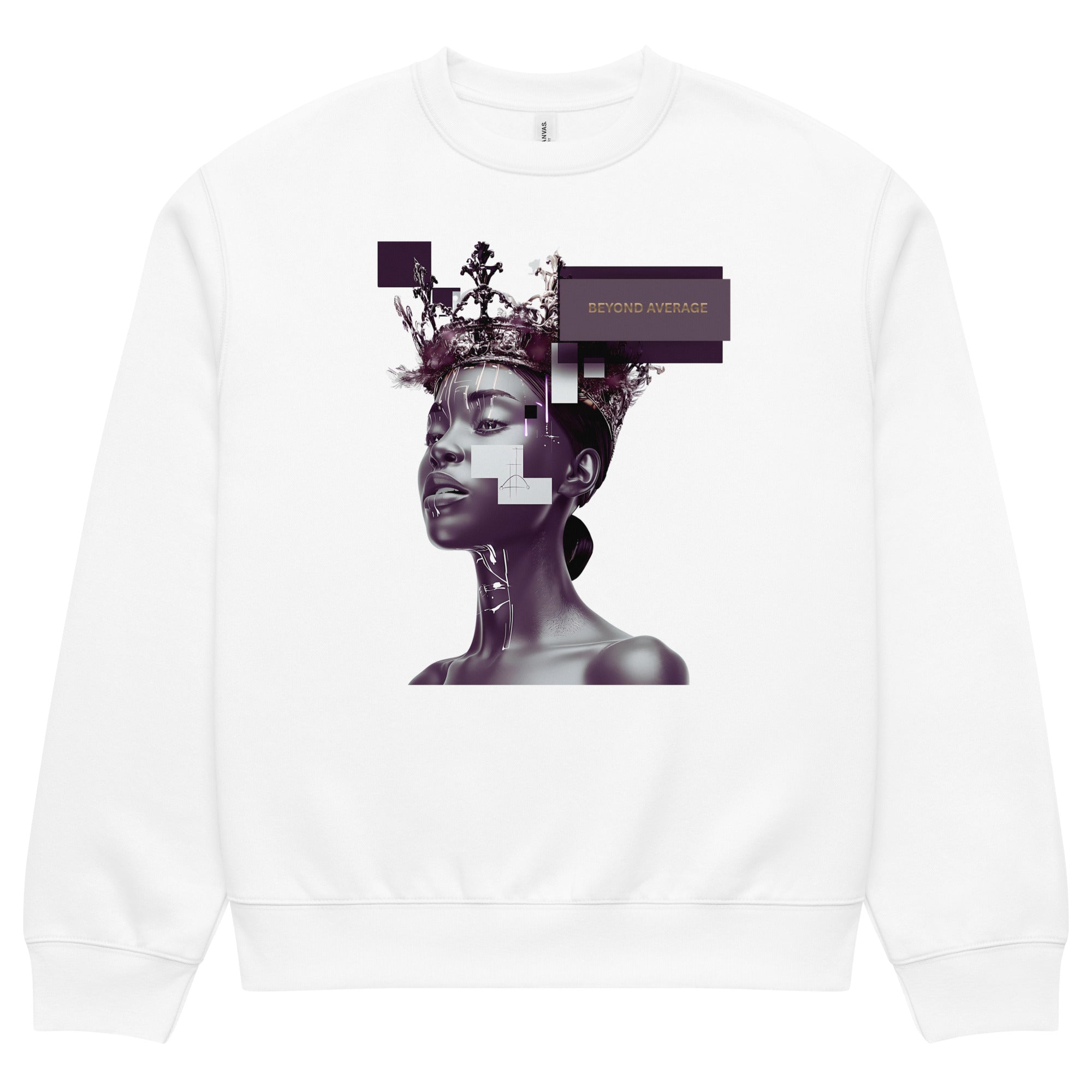 White unisex streetwear sweatshirt with graphic portrait design and “Beyond Average” statement, front view.