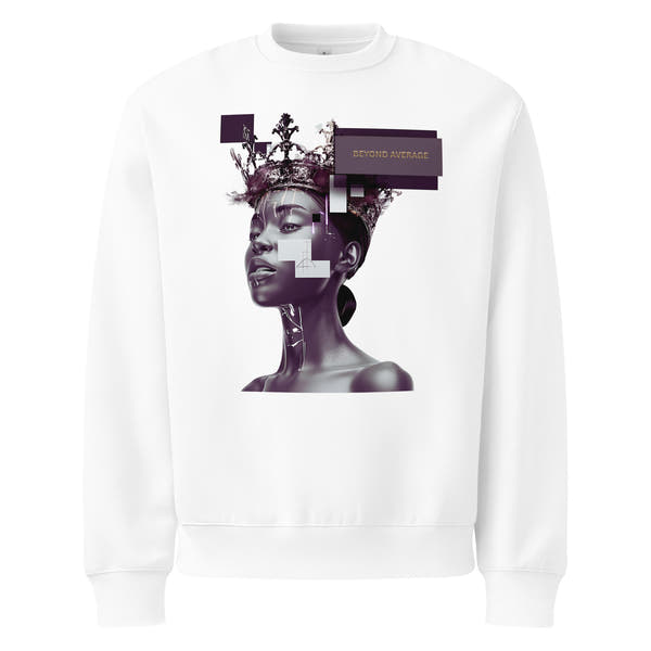 White unisex streetwear sweatshirt with graphic portrait design and “Beyond Average” statement, front view.