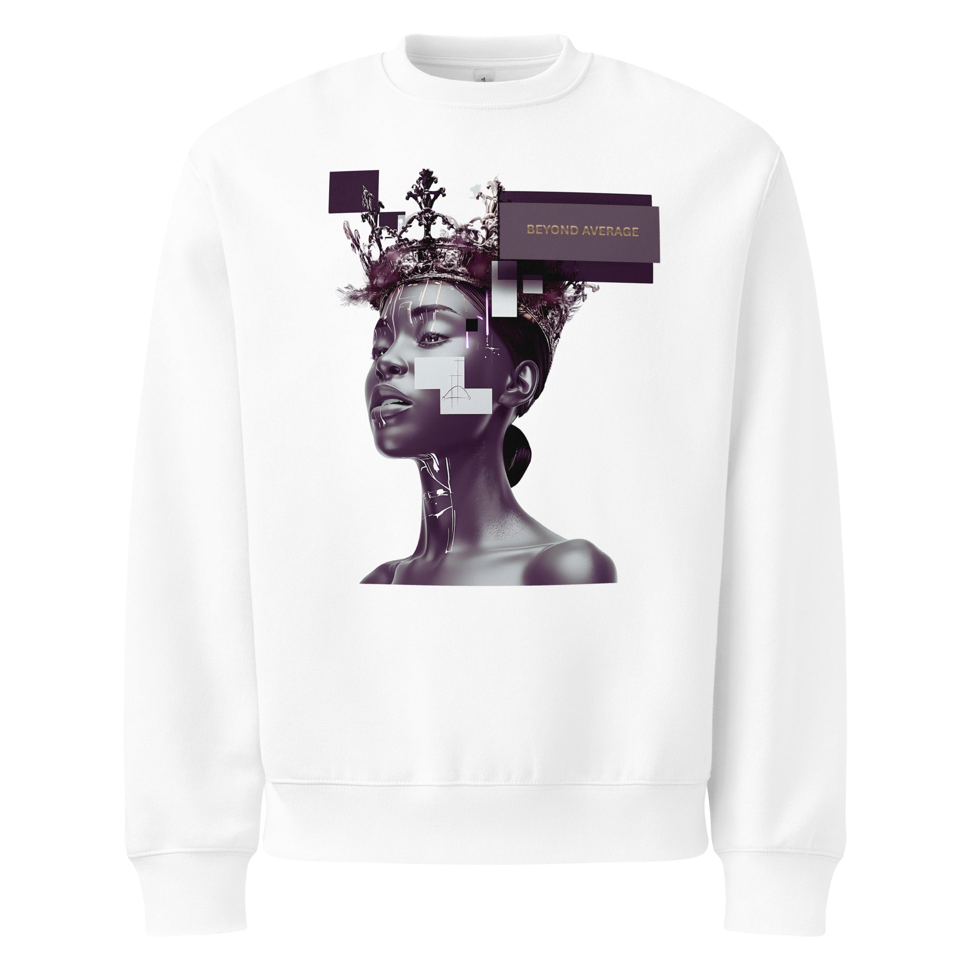 White unisex streetwear sweatshirt with graphic portrait design and “Beyond Average” statement, front view.