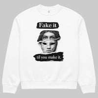 White unisex sweatshirt front view featuring portrait illustration and “Fake it til you make it” quote, minimalist streetwear sweatshirt