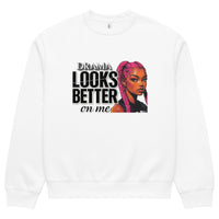 White unisex sweatshirt front view with “Drama Looks Better on Me” bold streetwear graphic print