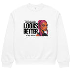 White unisex sweatshirt front view with “Drama Looks Better on Me” bold streetwear graphic print