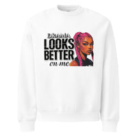 White unisex sweatshirt front view with “Drama Looks Better on Me” bold streetwear graphic print