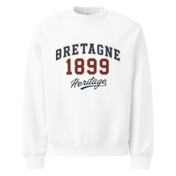 unisex sweatshirt front view with “Bretagne 1899 Heritage” vintage typography graphic
