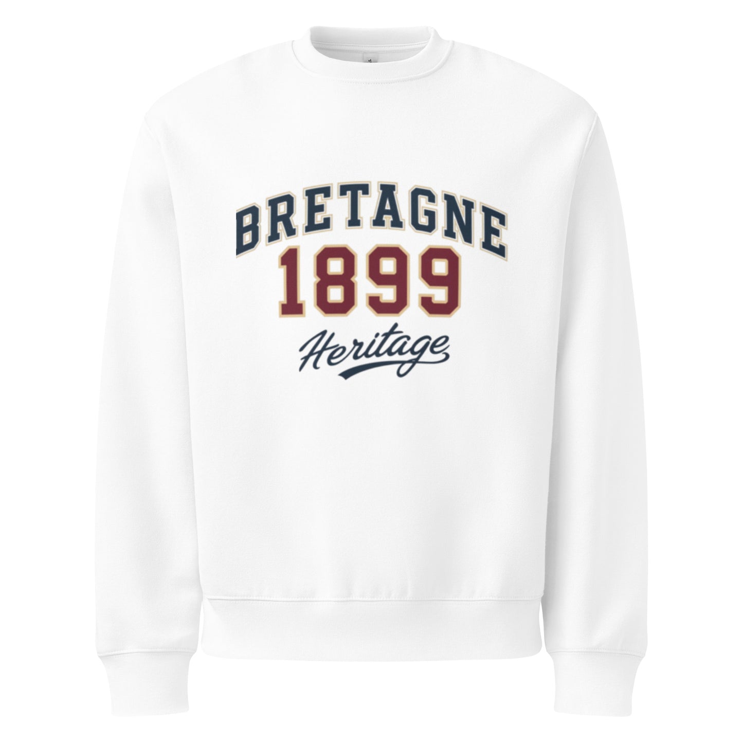 unisex sweatshirt front view with “Bretagne 1899 Heritage” vintage typography graphic