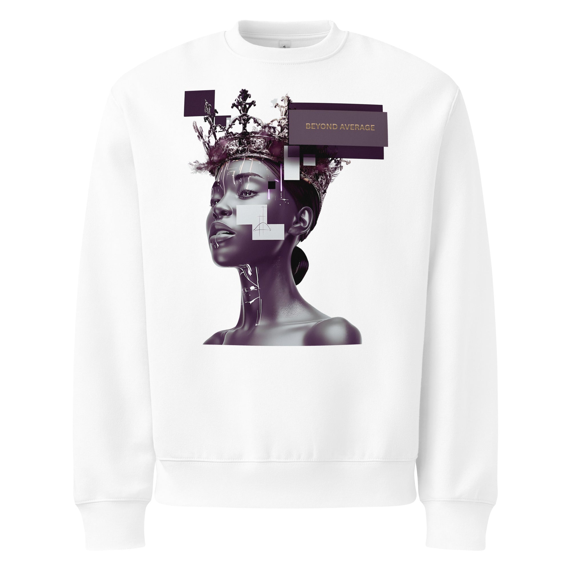 White oversized women’s sweatshirt with large purple artistic face print, modern statement streetwear piece.