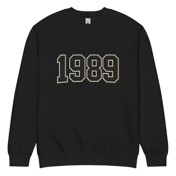 unisex streetwear sweatshirt front view with varsity number 1989 print
