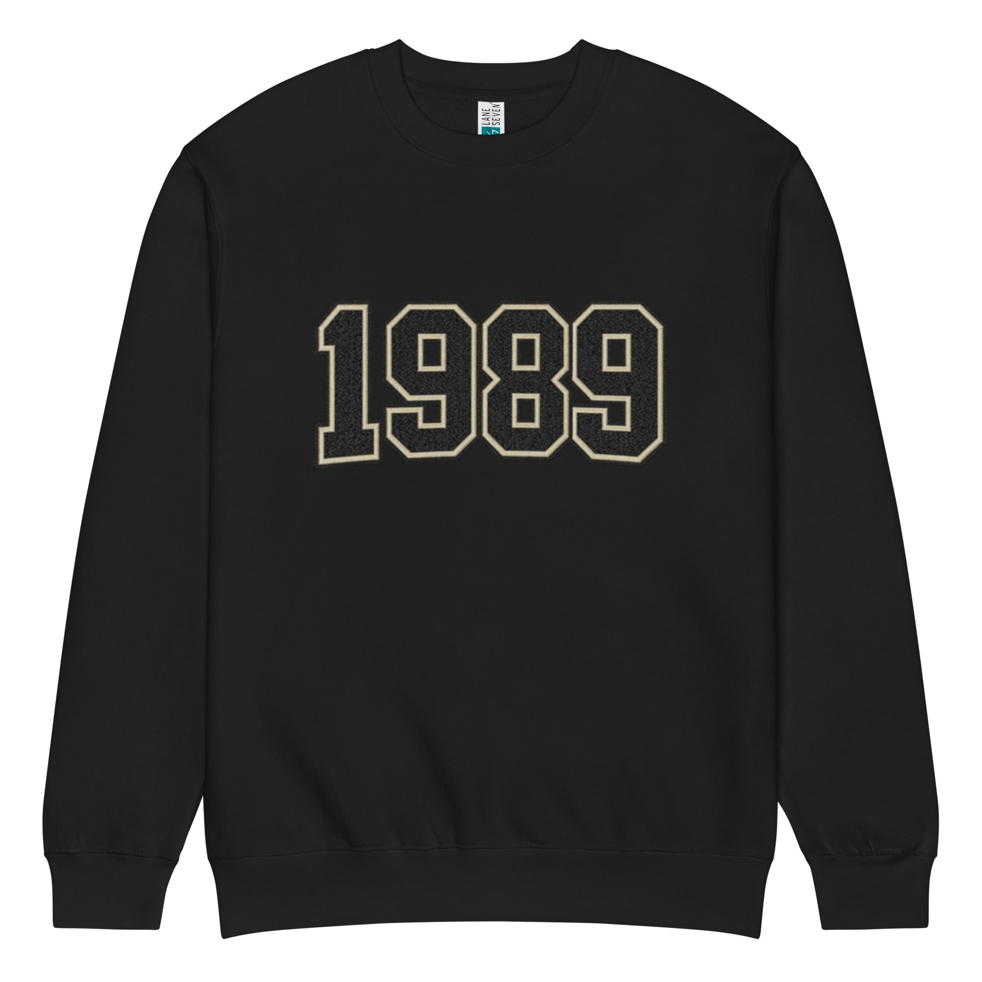 unisex streetwear sweatshirt front view with varsity number 1989 print

