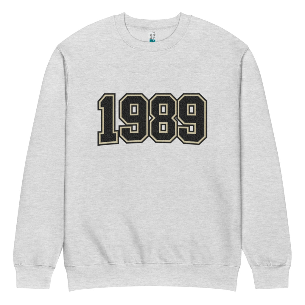 unisex streetwear sweatshirt front view with varsity number 1989 print
