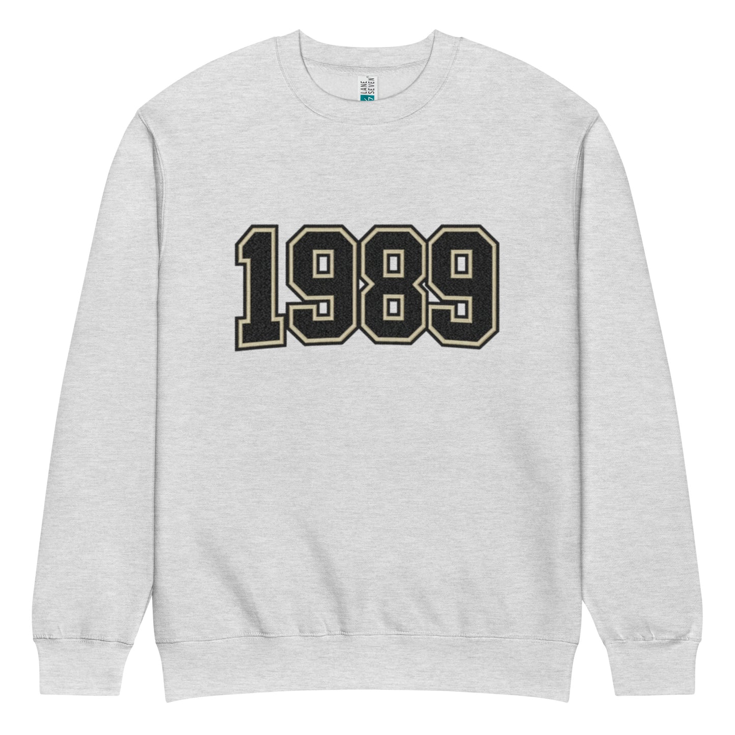 unisex streetwear sweatshirt front view with varsity number 1989 print
