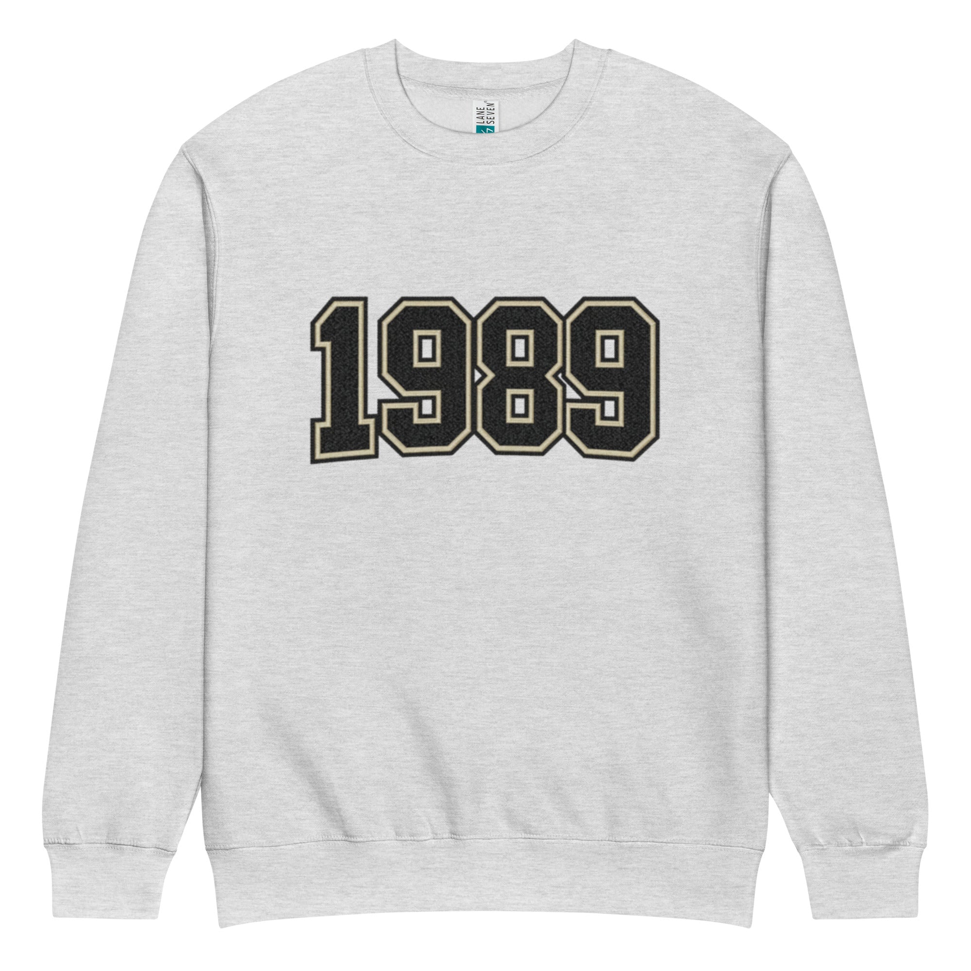 unisex streetwear sweatshirt front view with varsity number 1989 print
