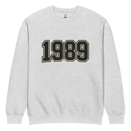 unisex streetwear sweatshirt front view with varsity number 1989 print
