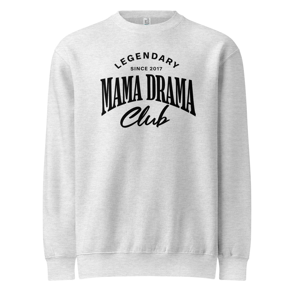 Oversized grey streetwear crewneck sweatshirt with mama drama club varsity typography graphic in black, front view