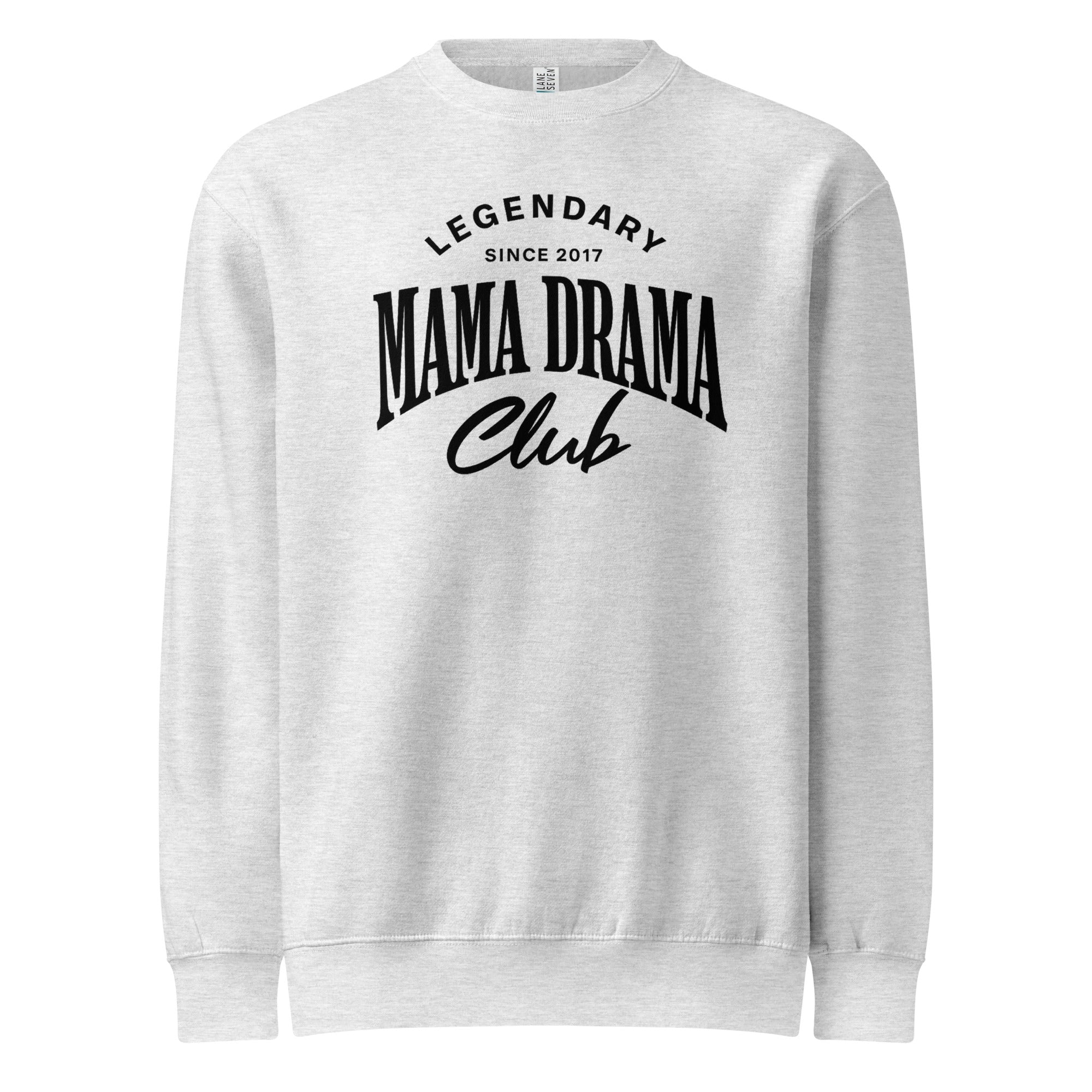 Oversized grey streetwear crewneck sweatshirt with mama drama club varsity typography graphic in black, front view