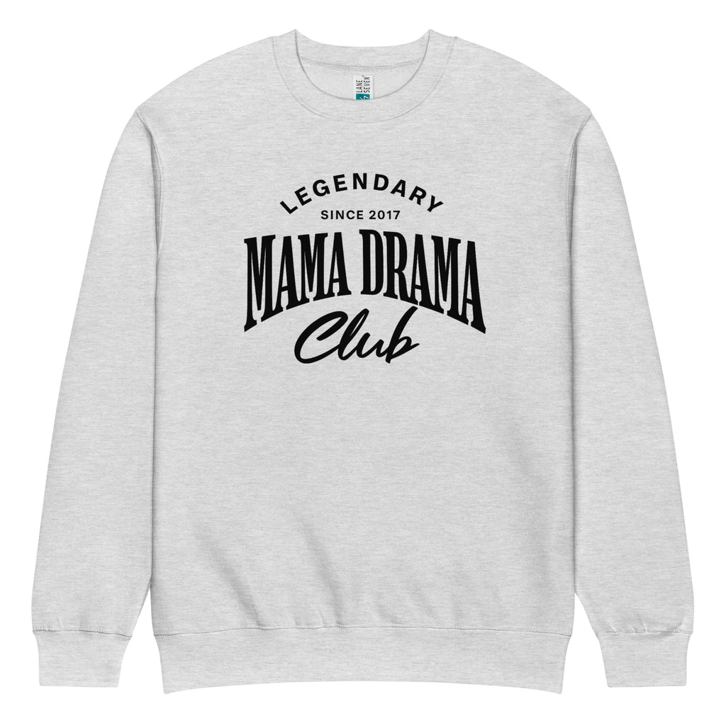 Oversized heather grey streetwear crewneck sweatshirt with mama drama club varsity typography graphic in black, front view