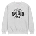 Oversized heather grey streetwear crewneck sweatshirt with mama drama club varsity typography graphic in black, front view