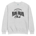 Oversized heather grey streetwear crewneck sweatshirt with mama drama club varsity typography graphic in black, front view