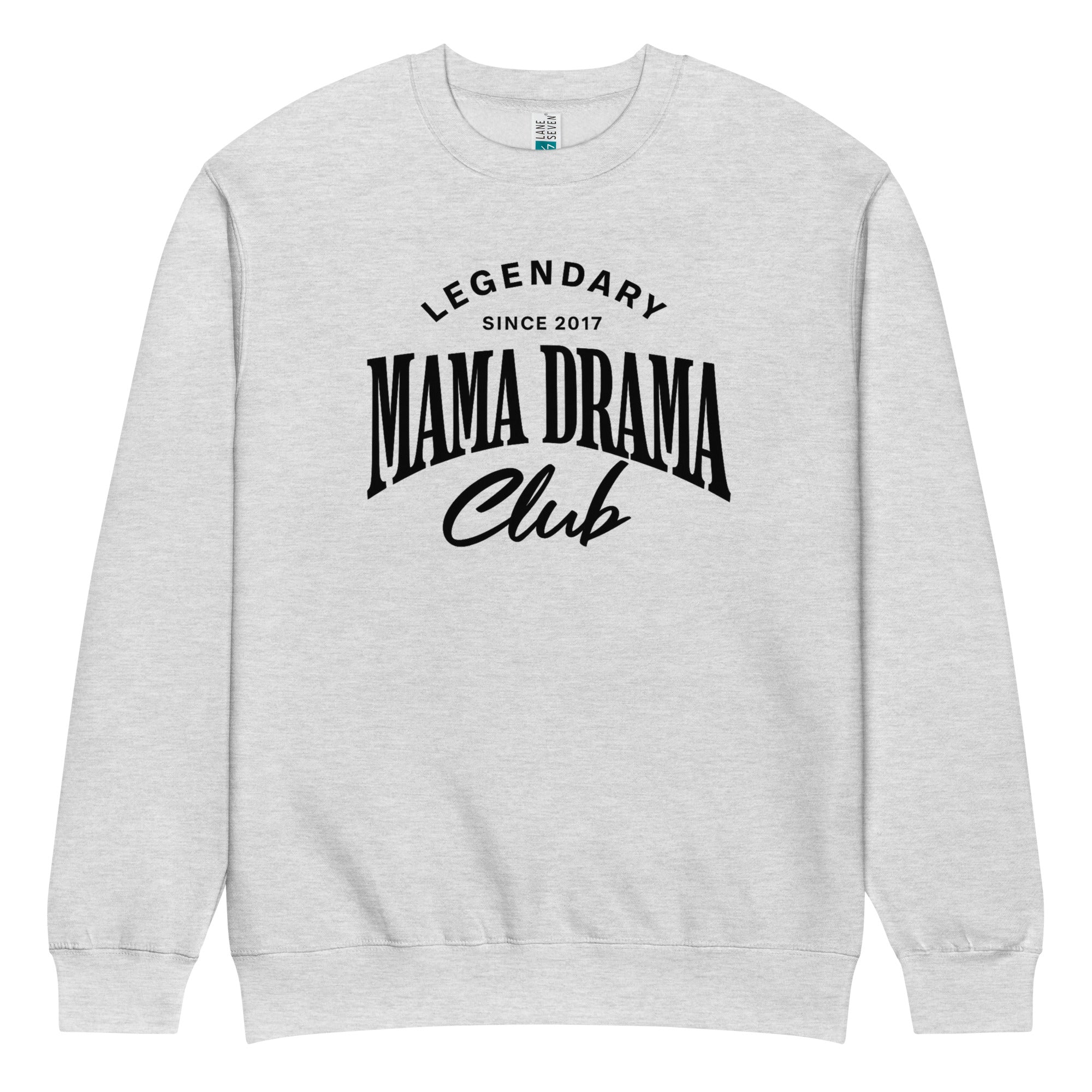 Oversized heather grey streetwear crewneck sweatshirt with mama drama club varsity typography graphic in black, front view
