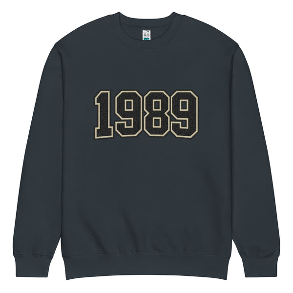 unisex streetwear sweatshirt front view with varsity number 1989 print
