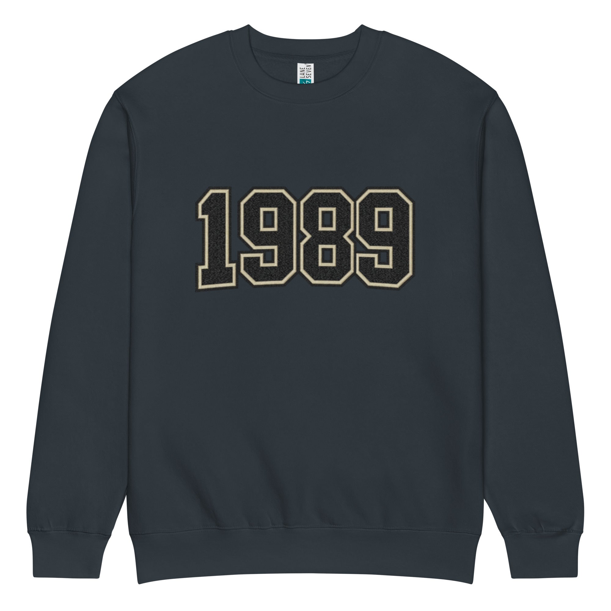 unisex streetwear sweatshirt front view with varsity number 1989 print
