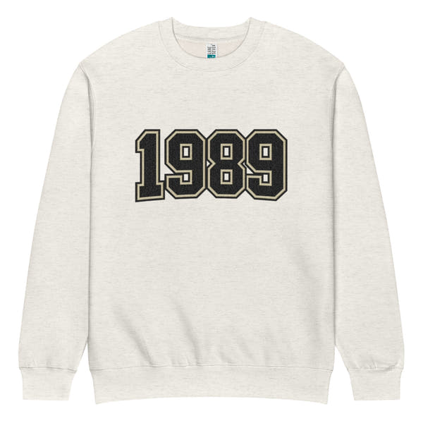 unisex streetwear sweatshirt front view with varsity number 1989 print
