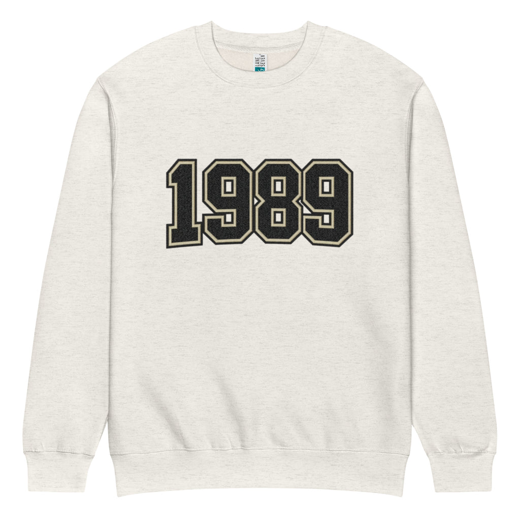 unisex streetwear sweatshirt front view with varsity number 1989 print
