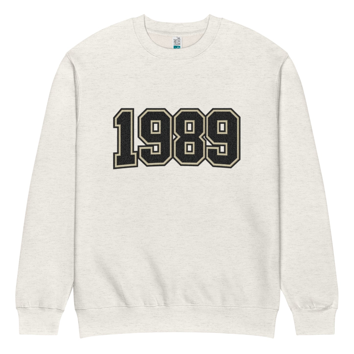 unisex streetwear sweatshirt front view with varsity number 1989 print
