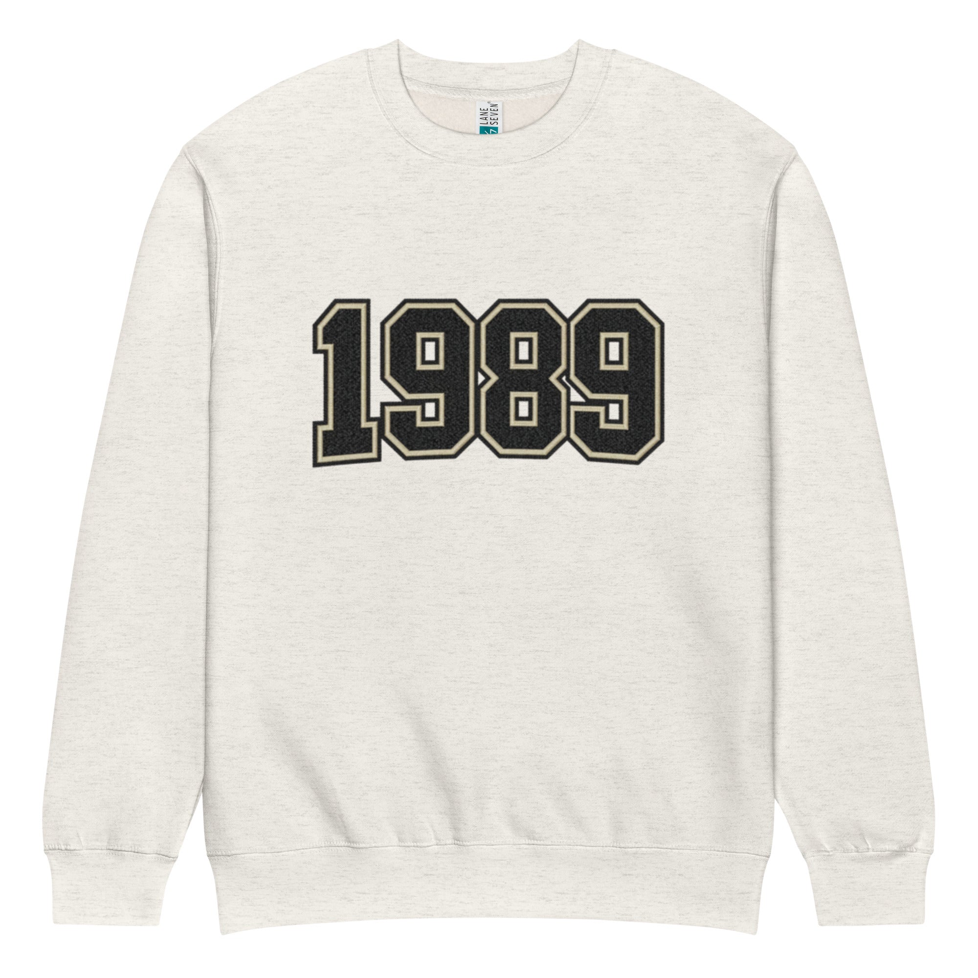 unisex streetwear sweatshirt front view with varsity number 1989 print
