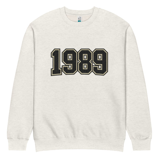 unisex streetwear sweatshirt front view with varsity number 1989 print
