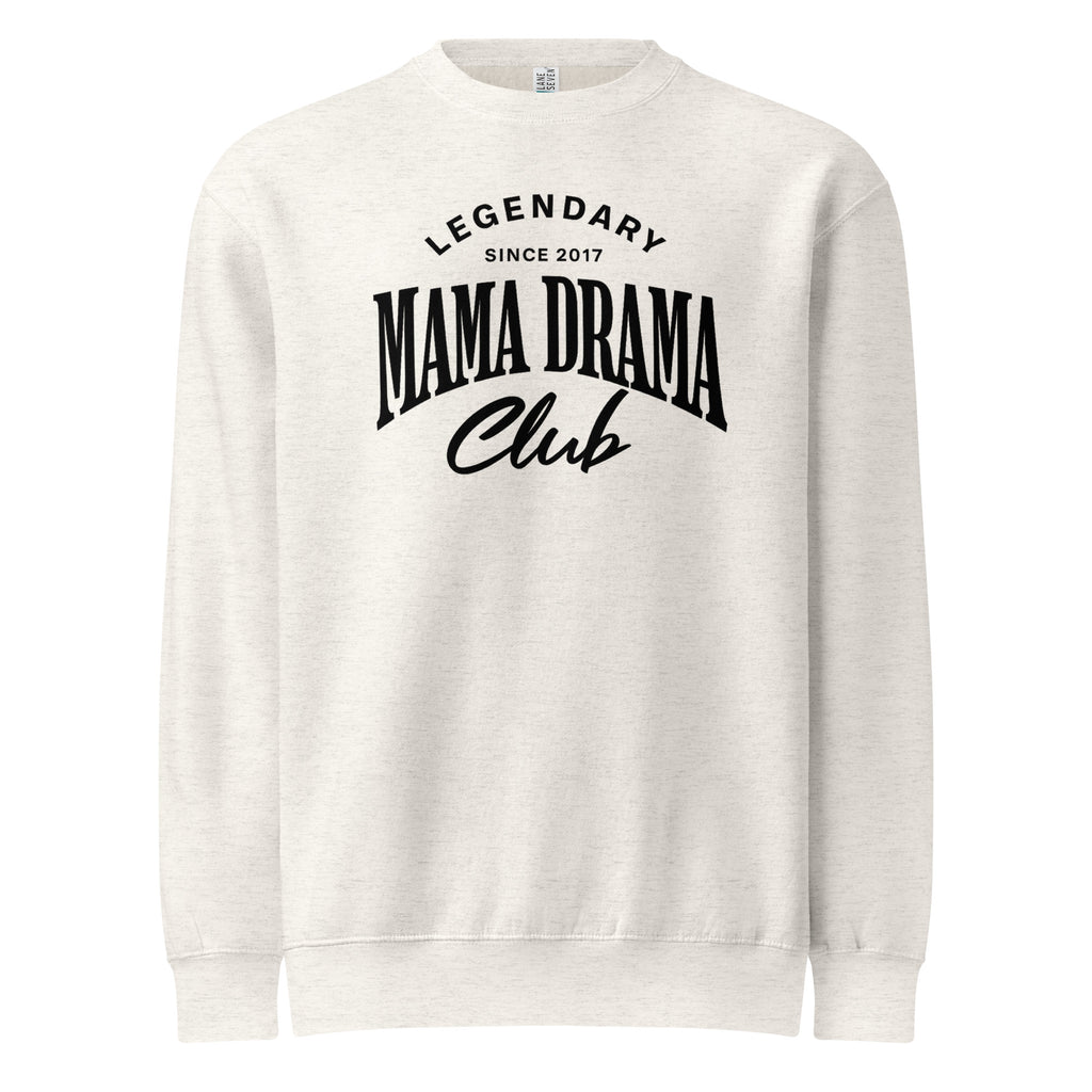 Oversized oatmeal streetwear crewneck sweatshirt with mama drama club varsity typography graphic in black, front view