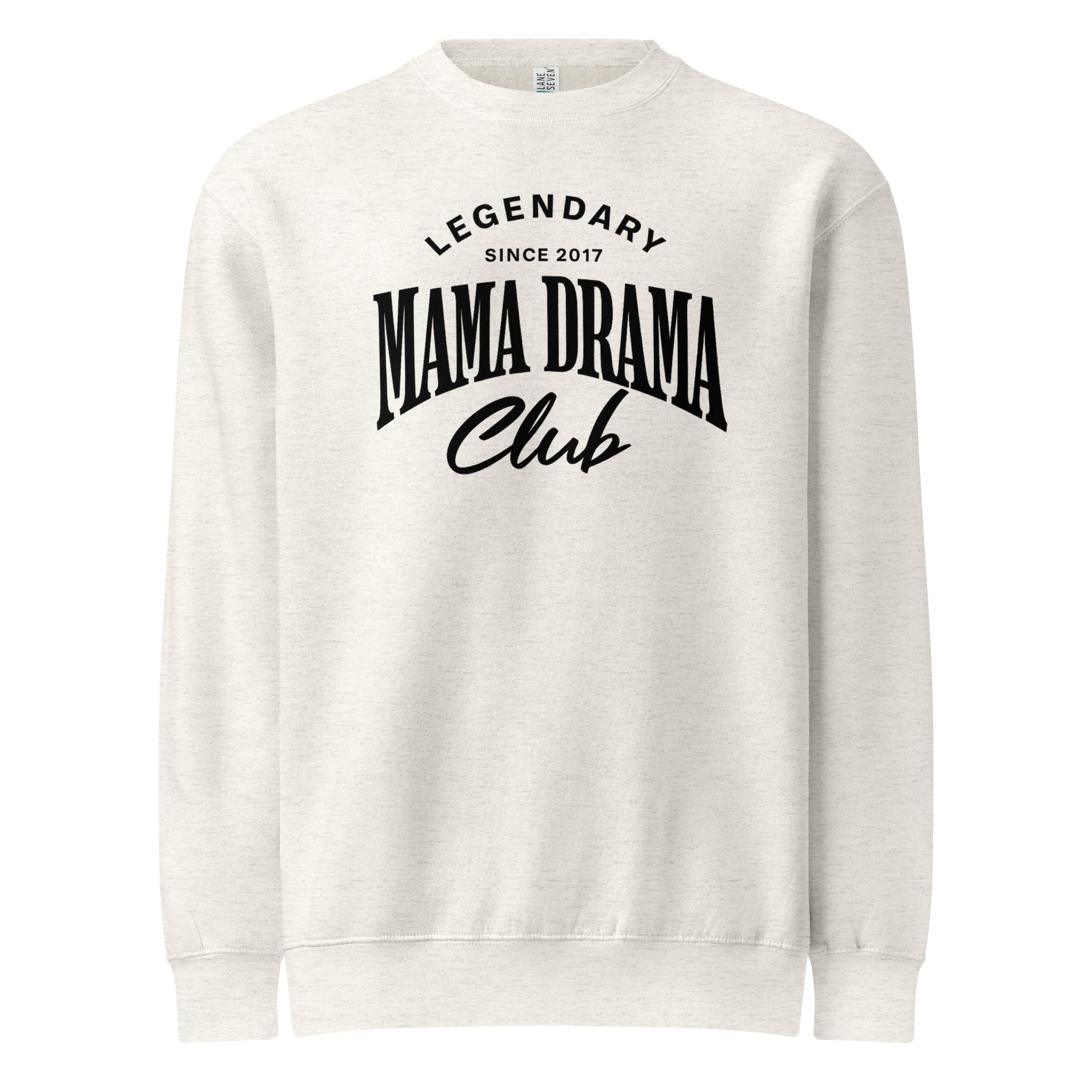 Oversized oatmeal streetwear crewneck sweatshirt with mama drama club varsity typography graphic in black, front view