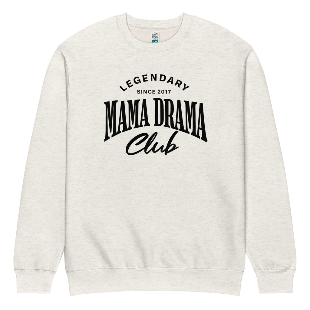 Oversized oatmeal heather streetwear crewneck sweatshirt with mama drama club varsity typography graphic in black, front view