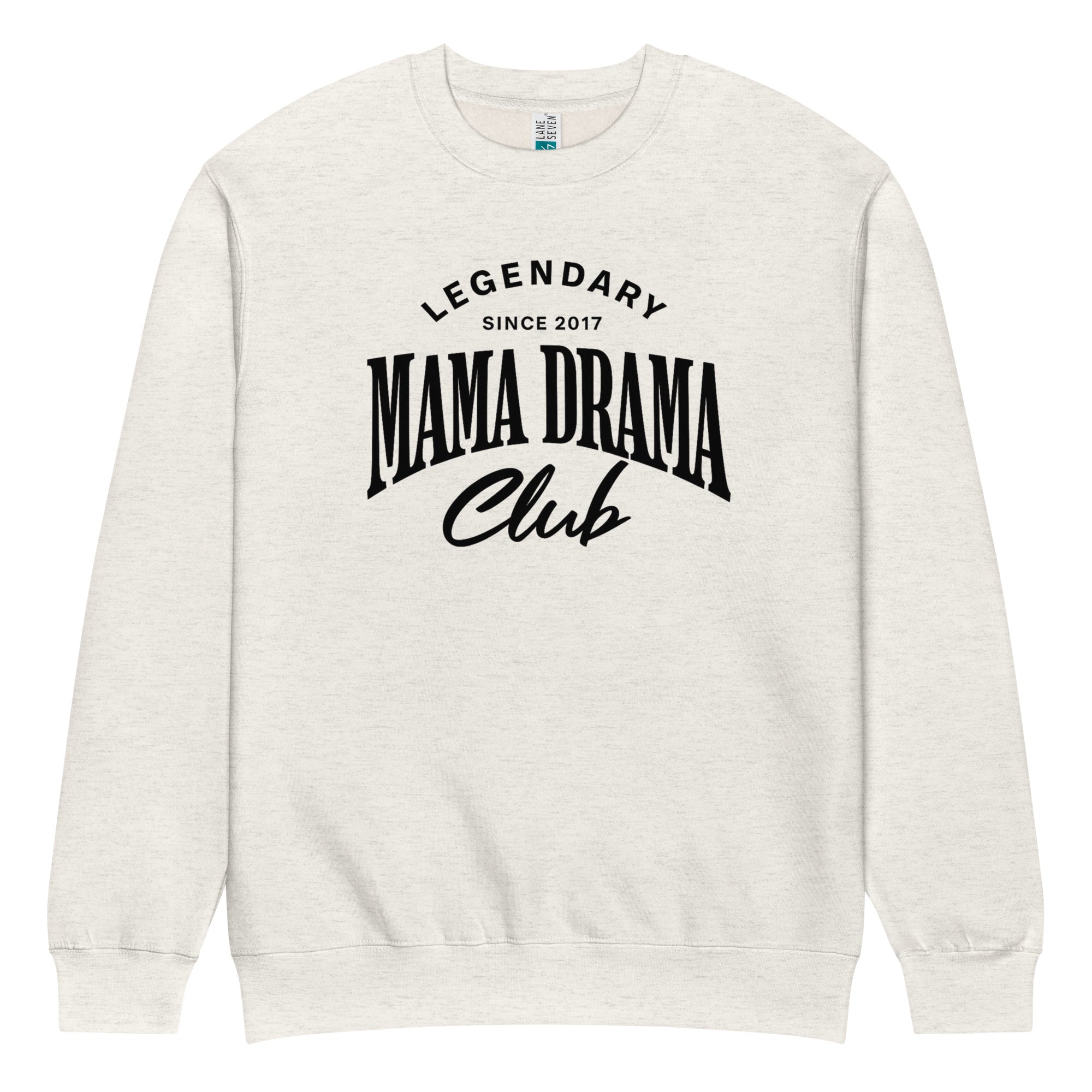 Oversized oatmeal heather streetwear crewneck sweatshirt with mama drama club varsity typography graphic in black, front view