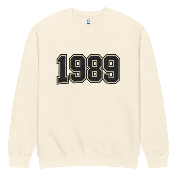 unisex streetwear sweatshirt front view with varsity number 1989 print
