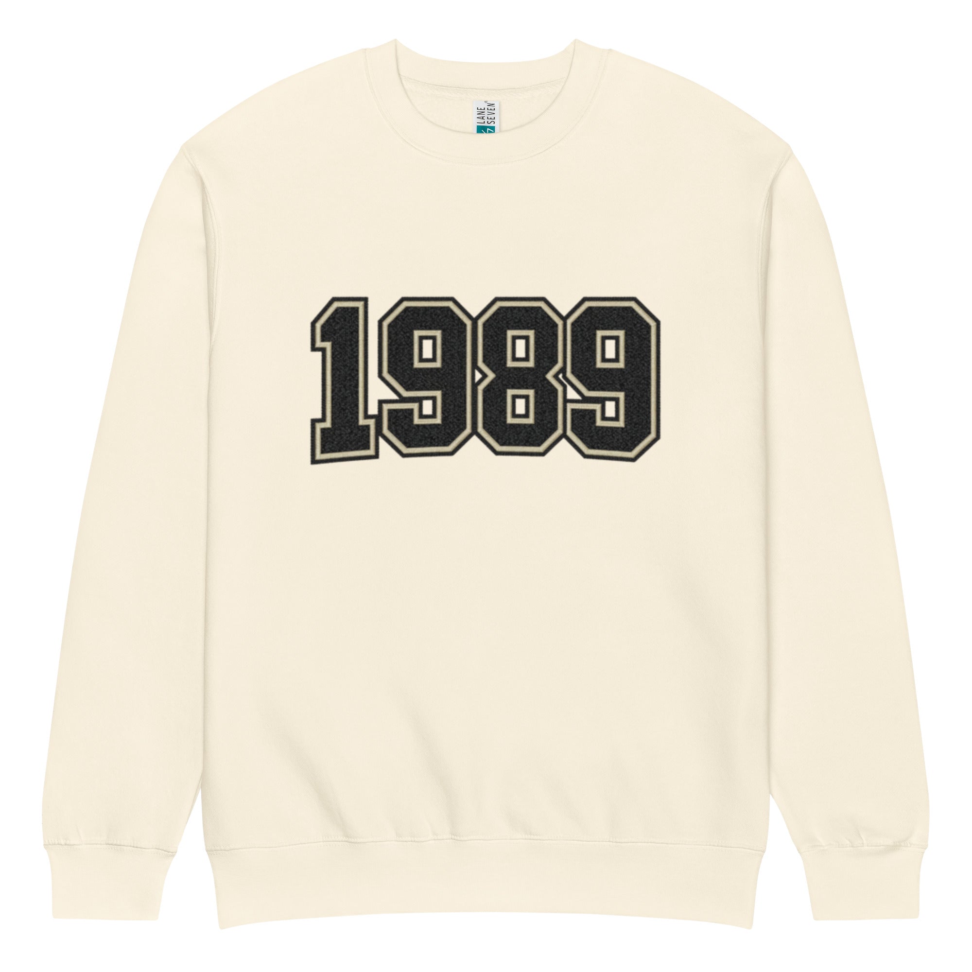 unisex streetwear sweatshirt front view with varsity number 1989 print
