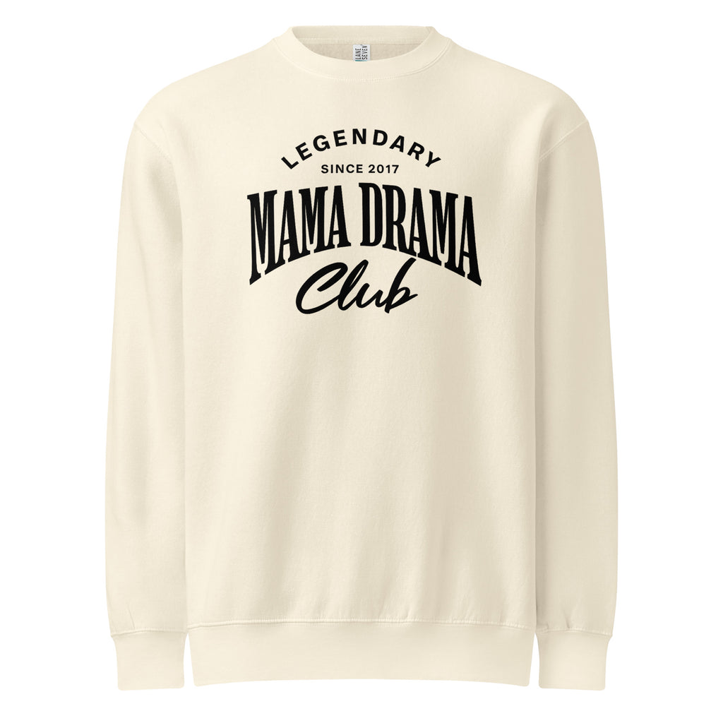 Oversized sandshell streetwear crewneck sweatshirt with mama drama club varsity typography graphic in black, front view
