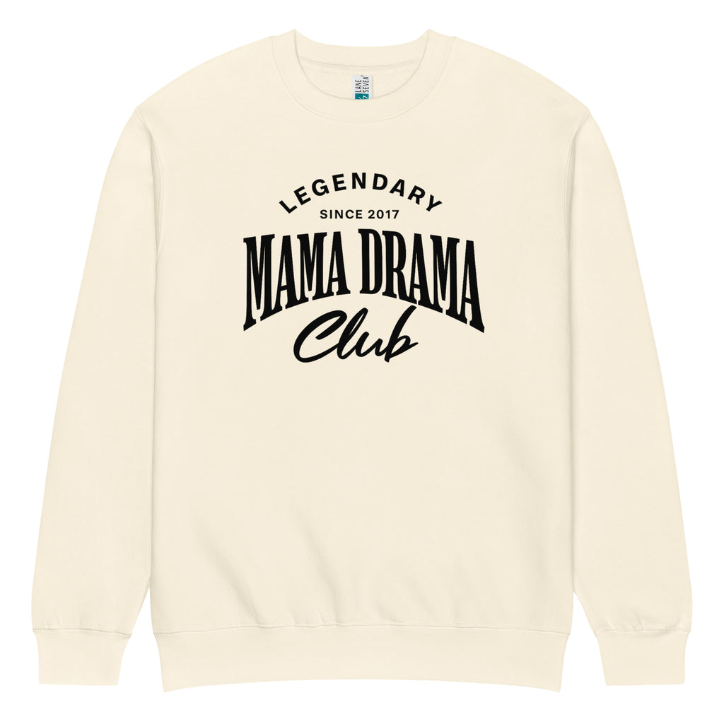 Oversized sandshell streetwear crewneck sweatshirt with mama drama club varsity typography graphic in black, front view